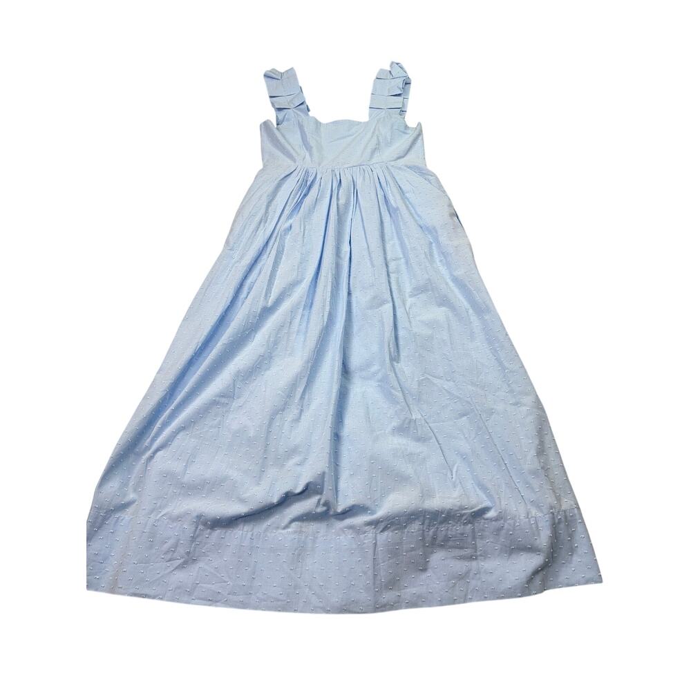 Lake light blue midi sundress. swiss dots, pleated straps. Size XS. cottagecore